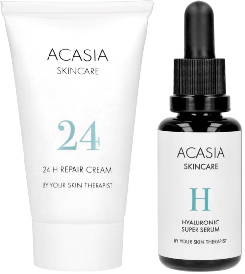 Twee huidverzorgingsproducten: een witte tube met '24 24 H Repair Cream' en een zwarte fles met druppelaar met 'H Hyaluronic Super Serum.'