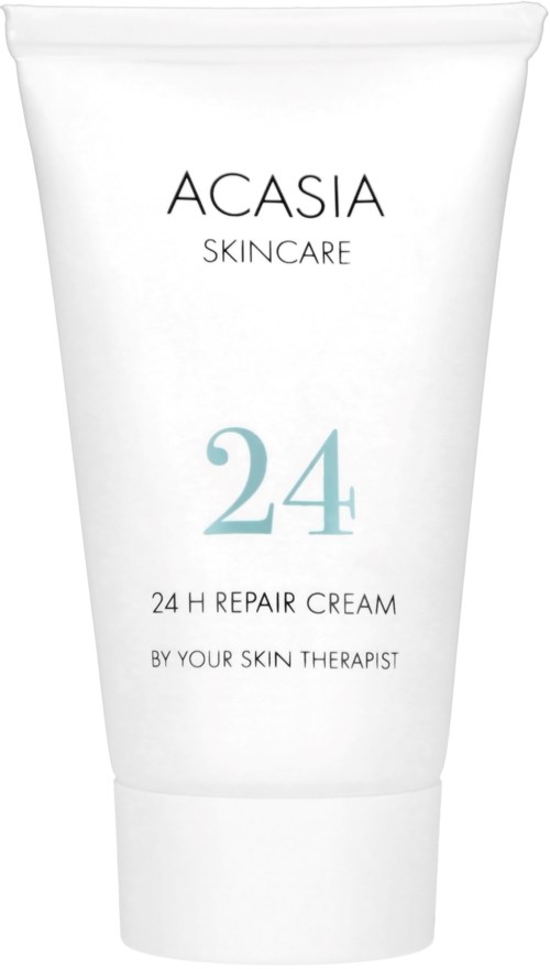 Een witte tube huidverzorgingsproduct met ACASIA en 24 en 24 H Repair Cream, bedoeld voor huidherstel.