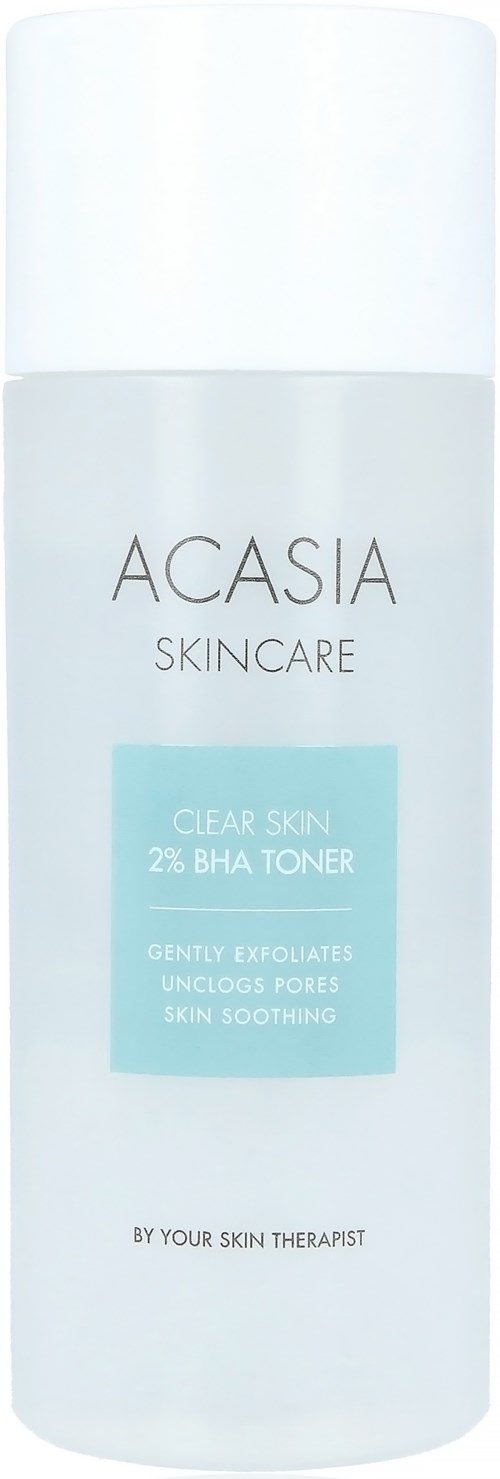 Een witte fles met het label ACASIA SKINCARE, bevat een toner met 2% BHA voor een heldere, zachte huid. Door je huidtherapeut.