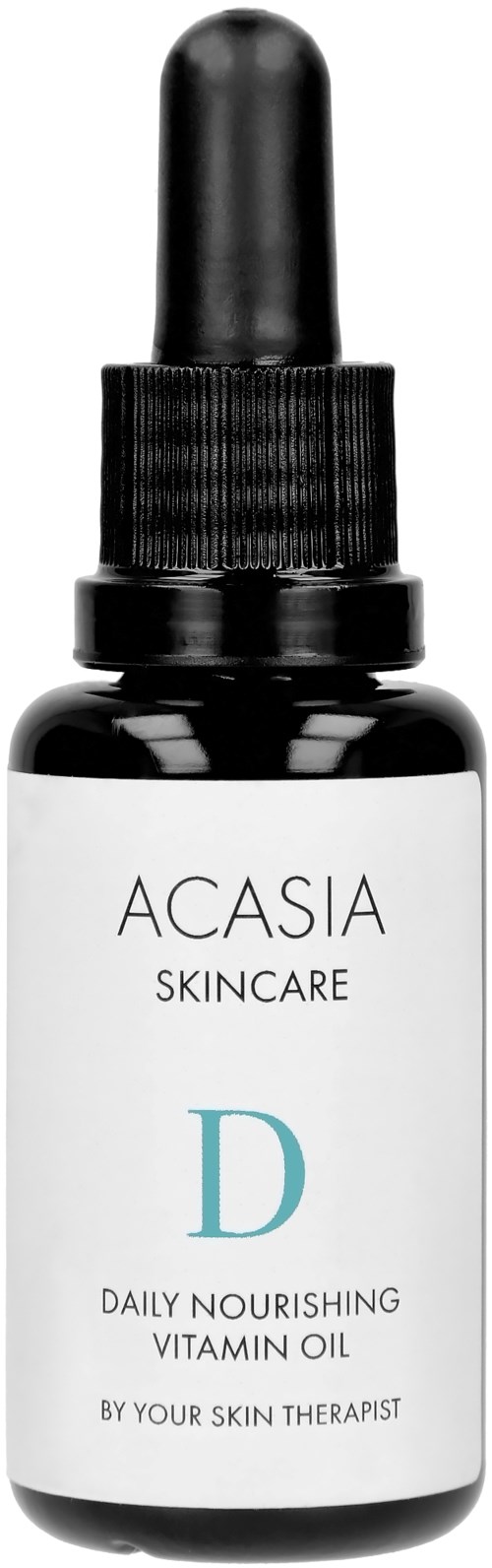 En liten svart flaska med pipettlock, märkt Acasia hudvård, vitamin D närande olja för huden.