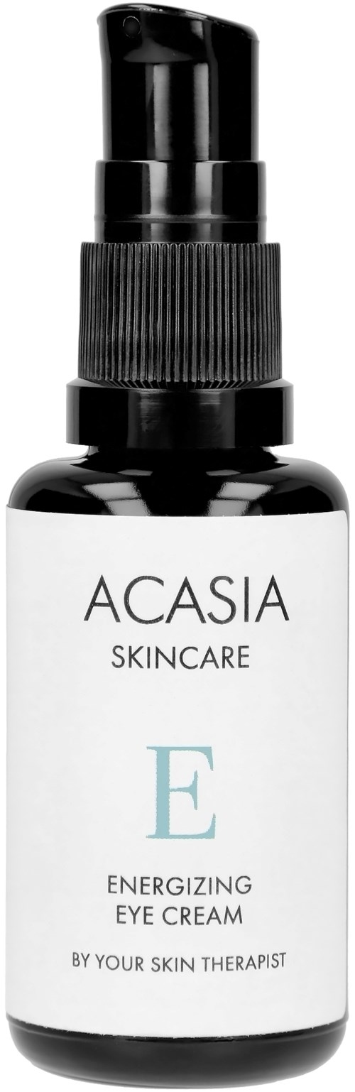 Kleine zwarte fles met oogcrème en pomp, gemerkt Acasia Skincare Energizing Eye Cream.
