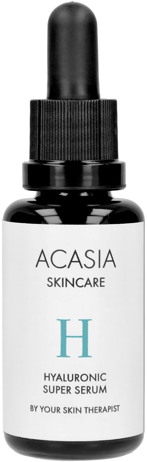 Een kleine donkere fles met pipet, gelabeld Acasia Skincare, Hyaluronic Super Serum. Eenvoudig wit en zwart ontwerp.