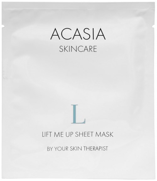 Witte zak met tekst over ACASIA skincare, sheetmasker en huidtherapeut. De letter L is groot en in het midden.