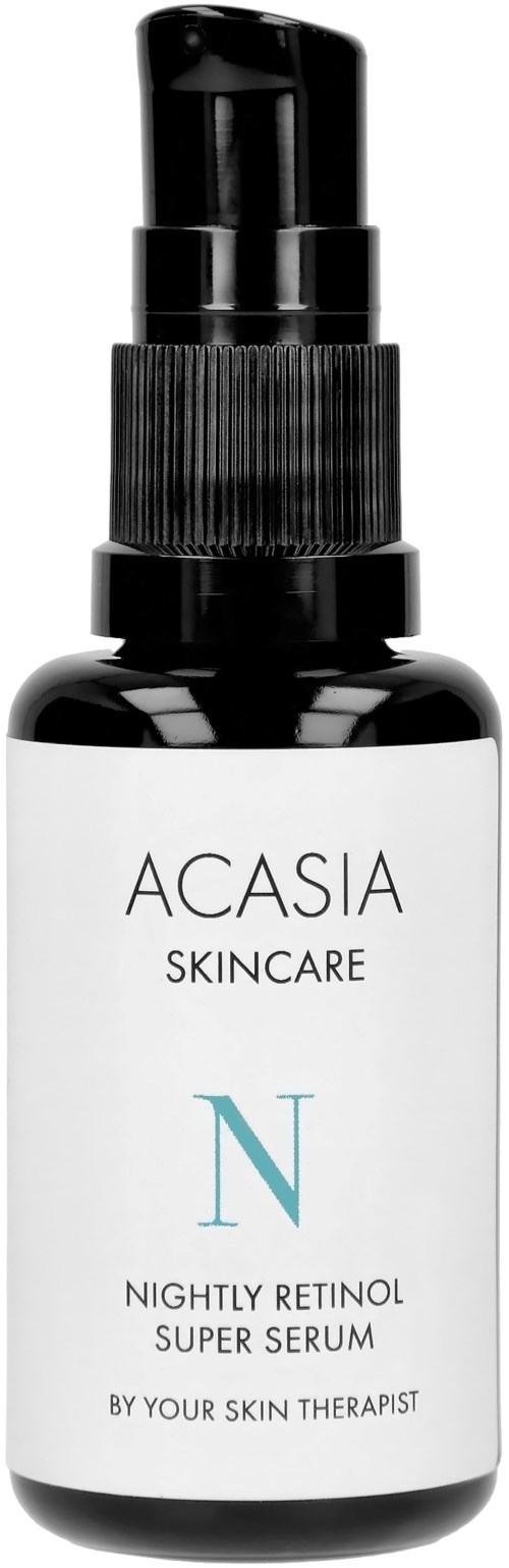 Een klein donker flesje met opdruk ACASIA Skincare met pomp, bevat nachtelijk retinol super serum.