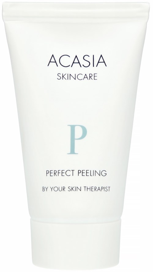 Een witte huidverzorgingsbuis met 'Acsia Skincare', 'Perfect Peeling' en een grote letter 'P'.