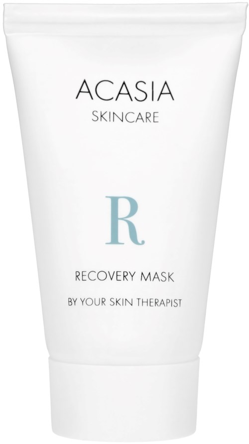 Een witte tube met 'ACASIA SKINCARE', 'R' en 'RECOVERY MASK' erop.