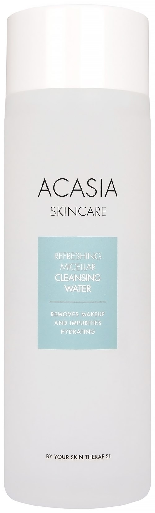 Een witte cilindervormige fles met witte dop, gelabeld ACASIA Skincare Resurfacing Micellar Cleansing Water.