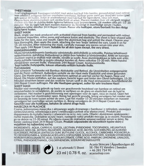 Een gedetailleerde beschrijving van het sheetmasker met ingrediënten, gebruiksinstructies en fabrikantinformatie in meerdere talen.