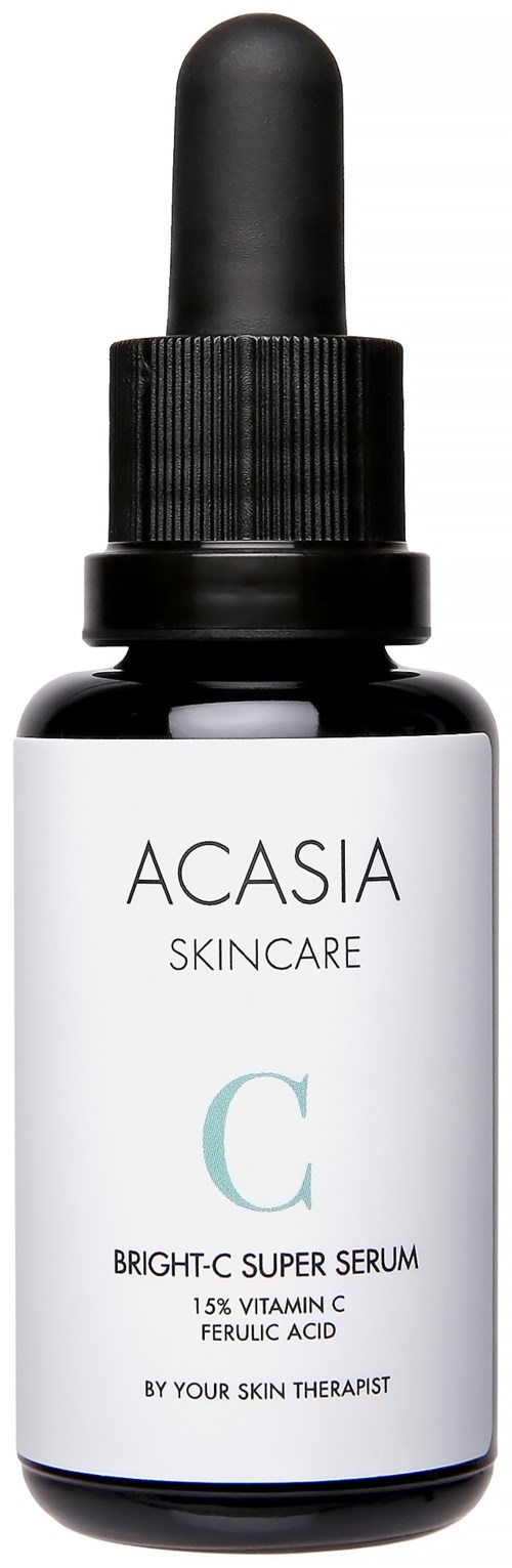 Eine dunkle Flasche mit Tropfer, beschriftet Acasia Skin Care Bright-C Super Serum, enthält Vitamin C und Ferulasäure.