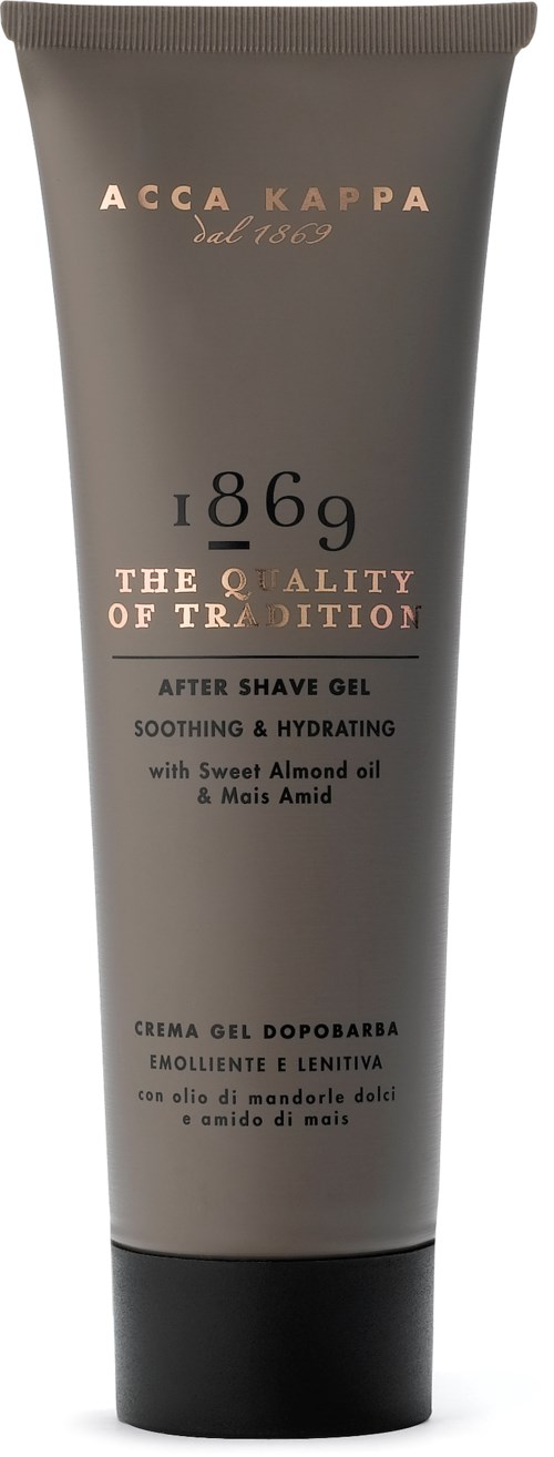 Een grijze tube aftershave-gel met zwart deksel, gemarkeerd met merk en productdetails in goud en zwart tekst.