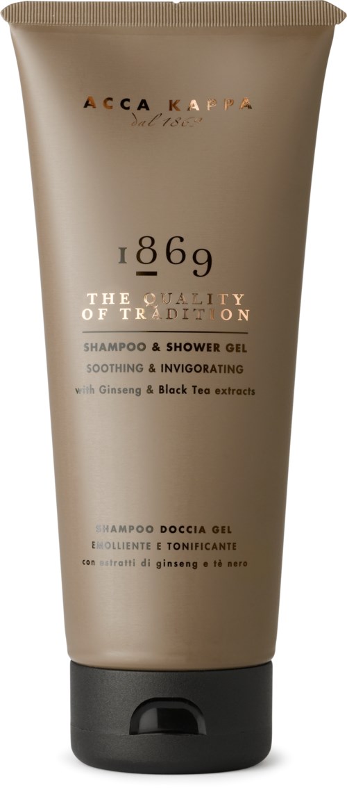 Beige Tube von Acca Kappa mit schwarzen und orangen Text, erwähnt Ginseng und schwarzen Tee.