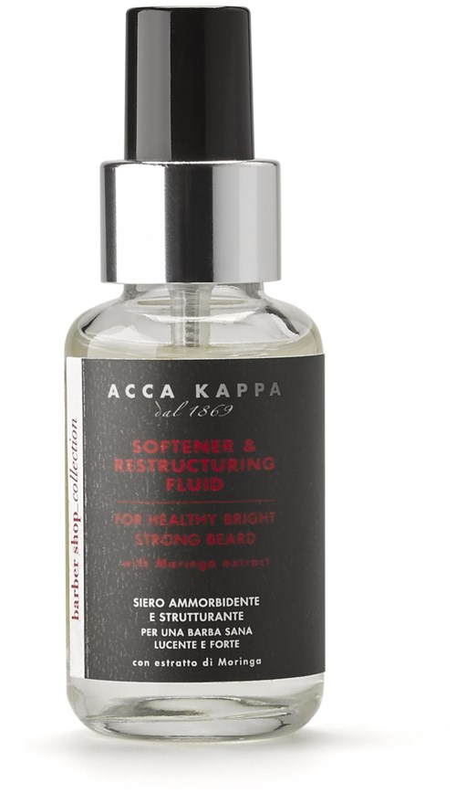 Kleine transparente Flasche mit schwarzem und silbernem Verschluss, enthält Kosmetikwasser, Etikett auf Italienisch, Markenname 'Acca Kappa'.