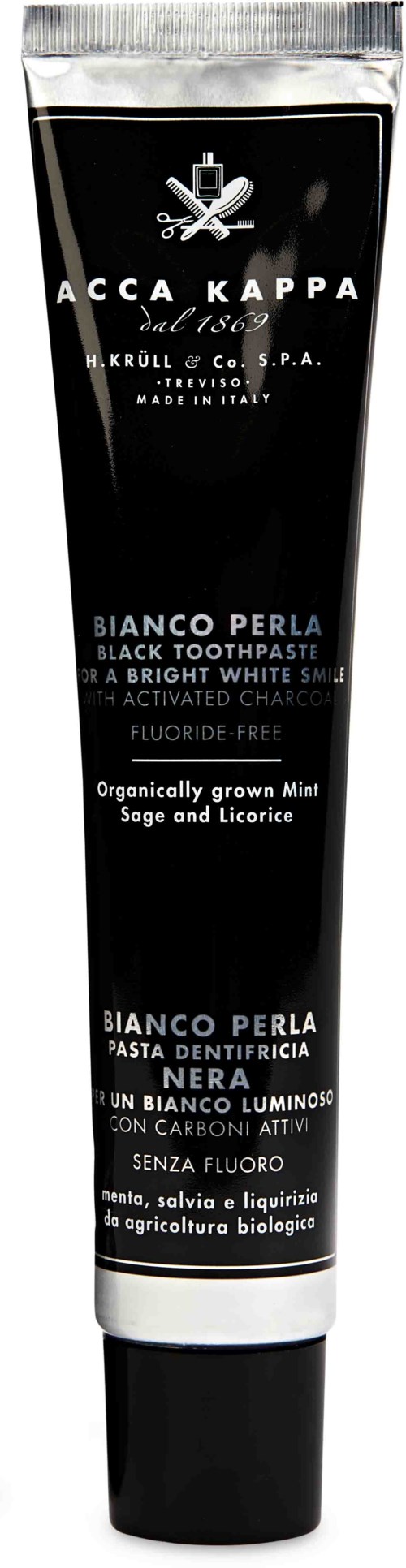 Black tube of toothpaste with white and silver text, and a logo at the top. It mentions organic ingredients from Italy.