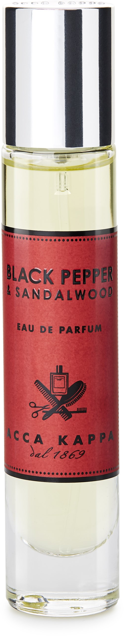 Eine kleine Parfümflasche mit dem Etikett 'Black Pepper & Sandalwood', rotes und schwarzes Design, goldener Deckel.