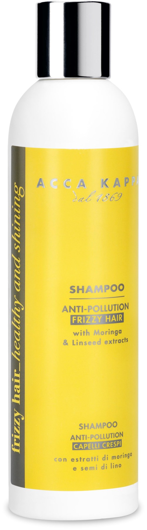 Eine weiße Shampoo-Flasche mit gelber Etikette, silberner Kappe und schwarzem Text für Anti-Verschmutzung und lockiges Haar.