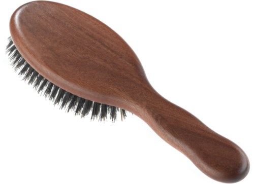 Eine Bürste mit Holzgriff und schwarzen Borsten, verwendet zum Kämmen oder Reinigen von Haar und Kopfhaut.