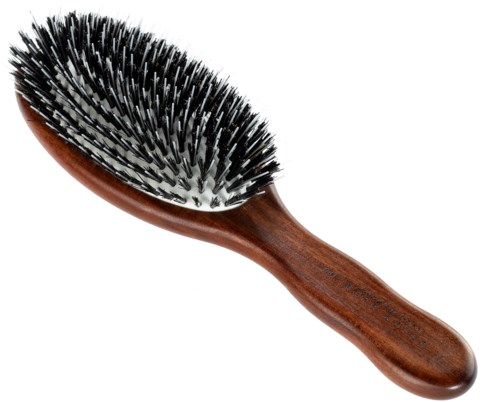 A wooden hairbrush with black and white bristles, curved handle, designed for grooming hair.