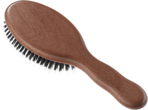 A wooden hairbrush with black bristles and a curved handle.