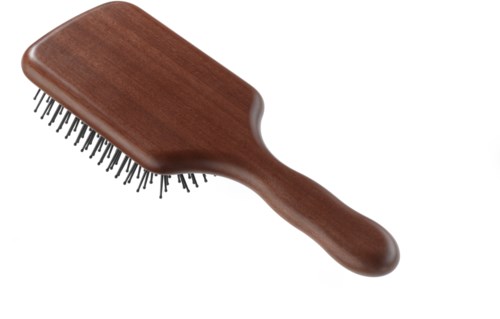 Eine Holzhaarbürste mit schwarzen Borsten und einem runden Griff.