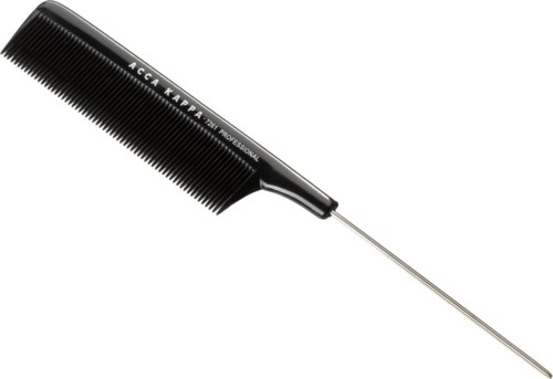 A fine-tooth comb with a long metal handle. The comb is black and has white text on it.