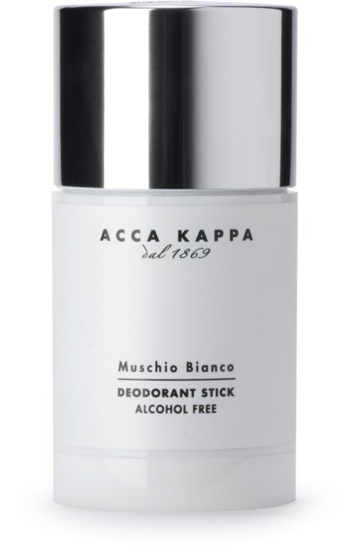 Een witte deodorantstick met zilveren dop, met label ACCA KAPPA, alcoholvrij, genaamd Muschio Bianco.