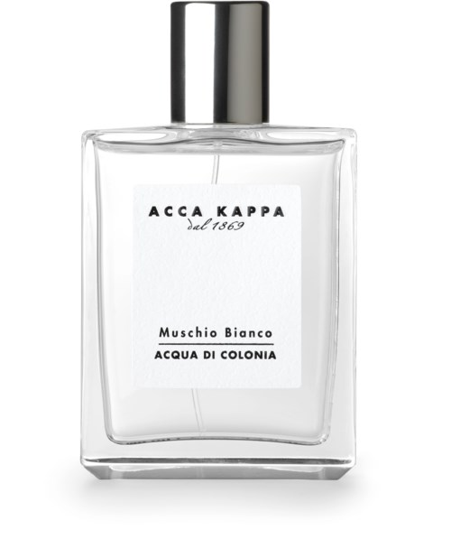 A clear perfume bottle with a silver cap, labeled 'Acca Kappa Muschio Bianco Acqua di Colonia'.