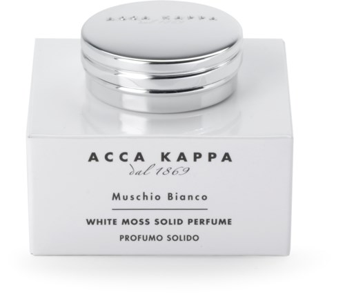 A white jar with a silver lid, labeled Allegra Kappa, Muschio Bianco, and White Moss Solid Perfume.