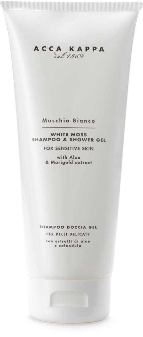 Ein weißer Tube von Acca Kappa mit schwarzem Text, Shampoo und Duschgel für empfindliche Haut mit Aloe und Ringelblume.