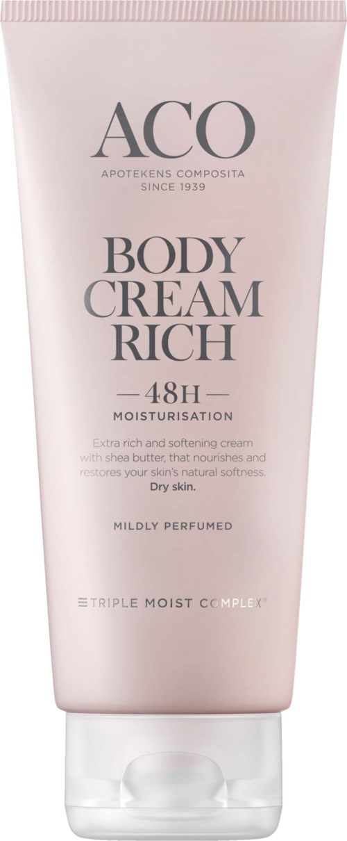 A pink tube of body cream labeled 'ACO Body Cream Rich' offers moisture and hydration for dry skin, perfumed.