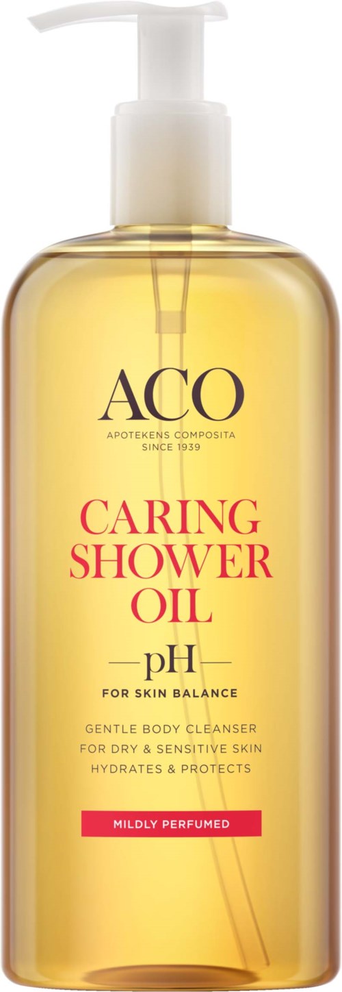 Goldfarbene Flasche mit Pumpe, beschriftet 'Caring Shower Oil' und Hautpflegeinformationen, sanft parfümiert.