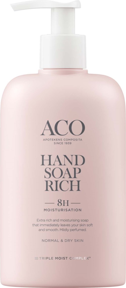 En rosa flaska handtvål med pump, märkt 'ACO HAND SOAP RICH', för normal och torr hud.