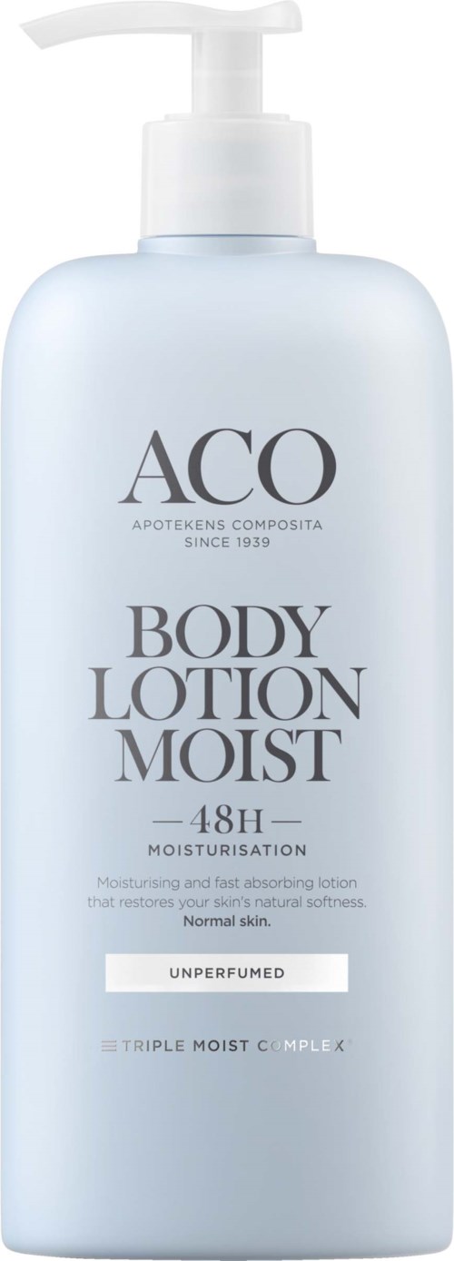 A white bottle of ACO body lotion with a pump lid. It says 'Moisturiser' and '48h'. Unscented, for normal skin.