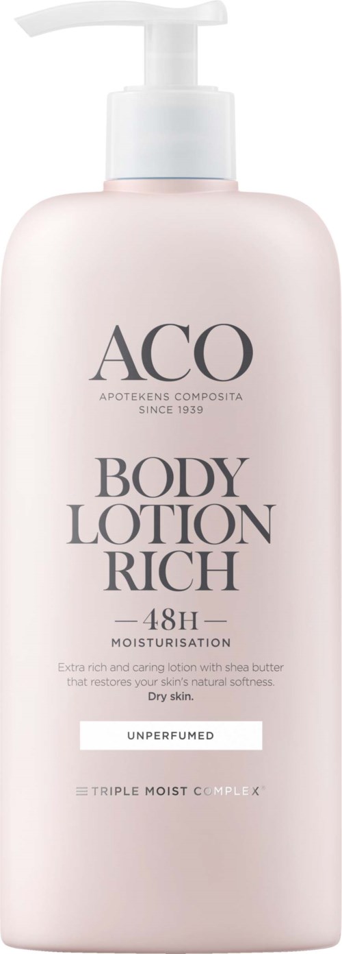 En ljusrosa flaska med kroppslotion med pump, märkt 'ACO Body Lotion Rich, 48 timmars återfuktning, oparfymerad, för torr hud.'