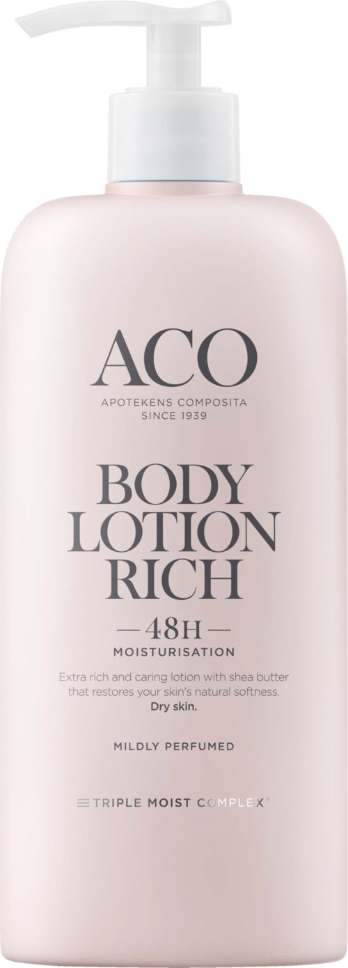 Eine hellrosa Flasche mit Pumpspender, beschriftet 'ACO Body Lotion Rich, 48h Feuchtigkeit, Mild Parfümiert, Trockene Haut.'