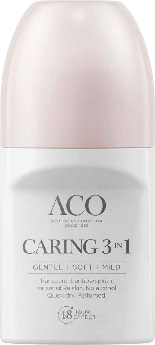 En vit och rosa flaska ACO Caring 3-in-1 deodorant. Den är mild, skonsam och fungerar i 48 timmar.