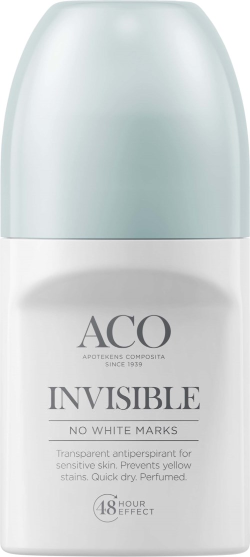 En vit och ljusblå roll-on-flaska med ACO Invisible antiperspirant som skyddar i 48 timmar.