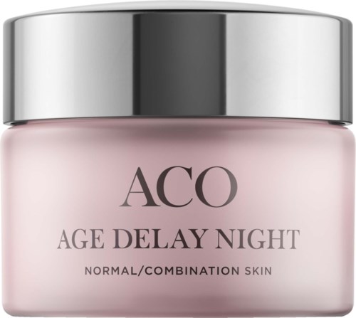En rosa krämkruka märkt 'ACO Age Delay Night' för normal och blandad hud.