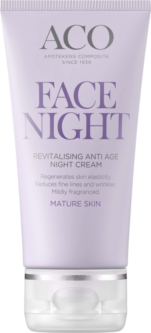 En tub med nattkräm märkt 'ACO FACE NIGHT' som hjälper mogen hud och mot ålderstecken.