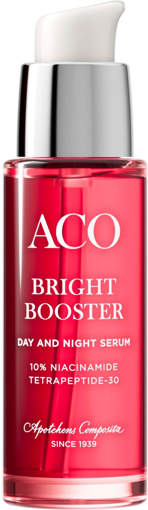 A red serum bottle with a white pump labeled 'ACO Bright Booster' with words about skin care ingredients.