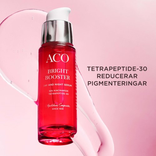 A red bottle labeled 'ACo Bright Booster' with a pump, showing benefits of tetrapeptide-30 for skin pigmentation.