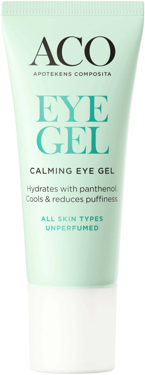 En tub med ögon gel märkt 'ACO EYE GEL' som återfuktar, kyler och minskar svullnad för alla hudtyper.
