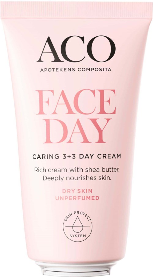 En rosa tub med ansiktskräm märkt 'ACQ Face Day' för torr hud, med sheasmör, närande och oparfymerad.
