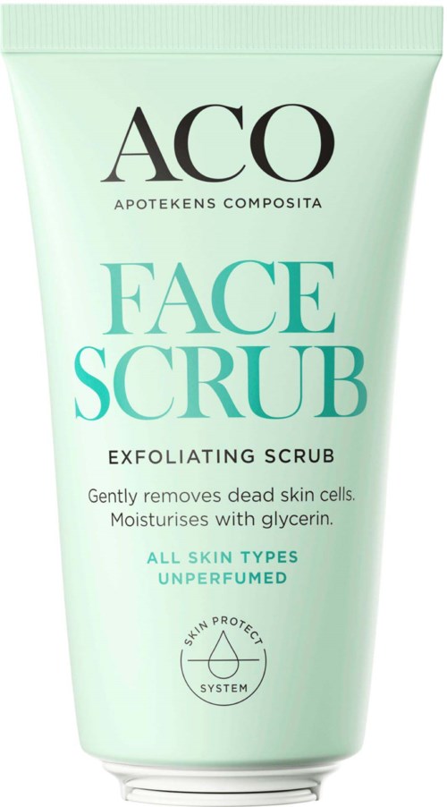A mint green tube labeled 'ACO Face Scrub', it is an exfoliating scrub for all skin types with glycerin.