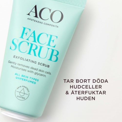 Light blue face scrub tube with text about exfoliating and moisturizing skin. Swedish words mention removing dead skin and nourishing.