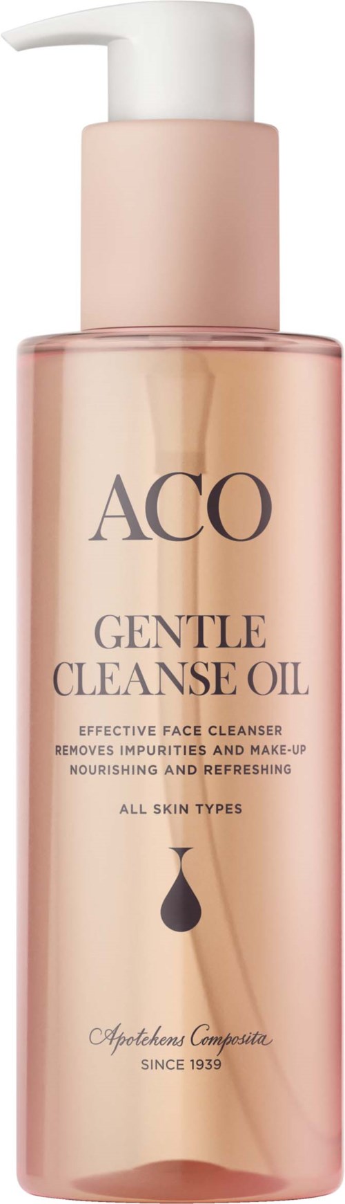A pink bottle with a pump labeled ACO Gentle Cleanse Oil, suitable for all skin types.