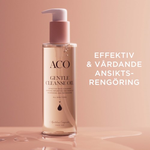 A clear bottle of gentle face cleansing oil with a pump, pink label, and text promoting effective face cleaning.