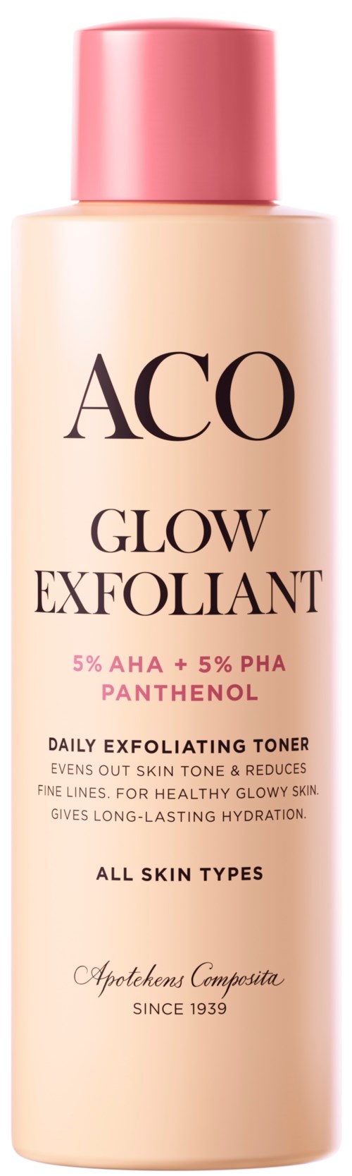 Eine Flasche ACO Glow Exfoliant mit rosa Deckel, enthält exfoliierenden Toner für alle Hauttypen.