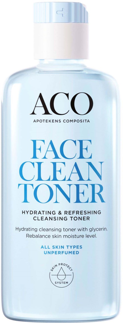 A clear bottle of face toner with a white cap, labeled 'Aco Face Clean Toner,' for all skin types. Hydrating.