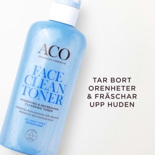 A blue bottle of face clean toner with instruction text in Swedish on removing dirt and refresh skin.