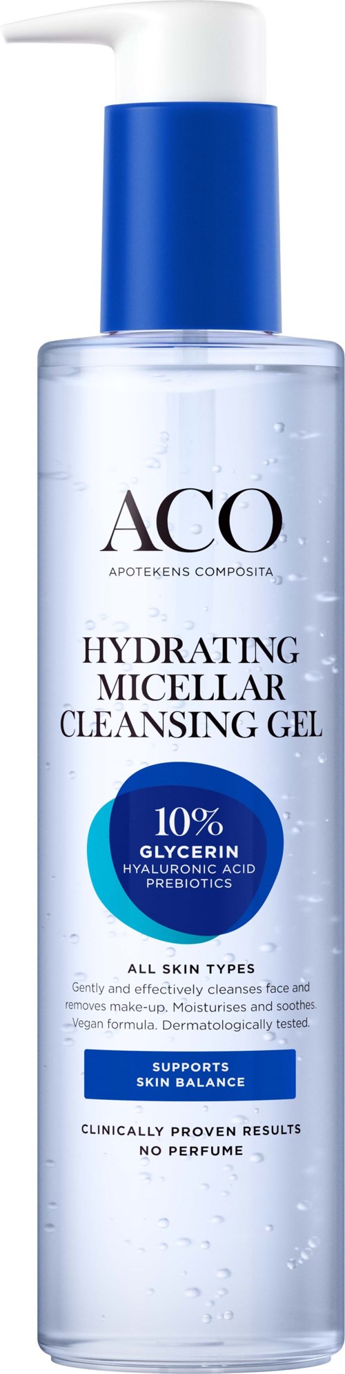 A clear bottle of hydrating micellar cleansing gel with a blue pump, labeled for all skin types and containing 10% glycerin.